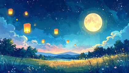 Starry night with glowing moon and floating lanterns