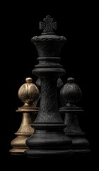 Black and gold chess pieces in dramatic close-up against a stark black background, highlighting the contrasting tones and textures of the pieces.