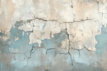Fototapeta premium A weathered concrete wall displays a pattern of deep cracks and faded pastel hues, creating a textural and moody backdrop.