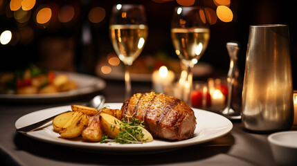 Plat avec une pi&egrave;ce de viande de boeuf et pomme de terre dans une assiette avec couverts dans un restaurant &agrave; la lumi&egrave;re tamis&eacute;e. Avec verre de vin. Restaurant de luxe. Menu, nourriture, repas. 