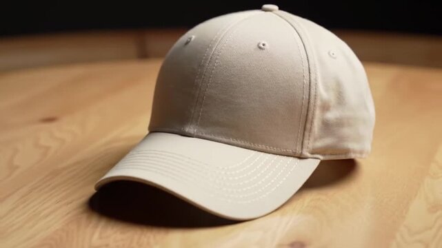 Plain beige baseball cap with a classic design resting on a wooden table, perfect for custom branding mockups