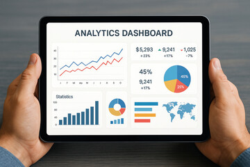 Business analytics interface on digital tablet showing data insights and performance metrics