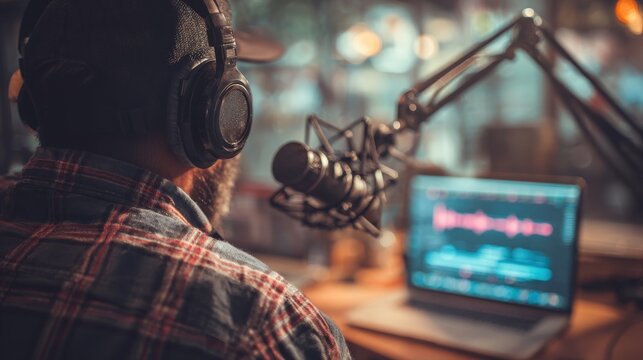 Person with Headphones at Microphone with Laptop