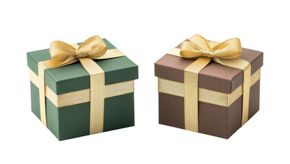 Obraz premium Two elegantly wrapped gift boxes in green and brown with gold ribbons. placed on a clean white background. ideal for holiday celebrations. birthdays. or special occasions