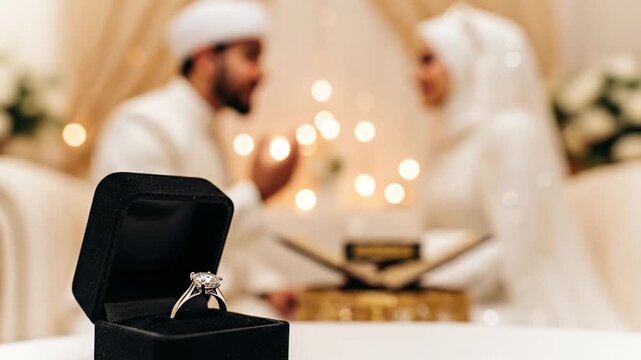 Elegant Islamic wedding ceremony with a diamond ring in a velvet box, signifying love and commitment