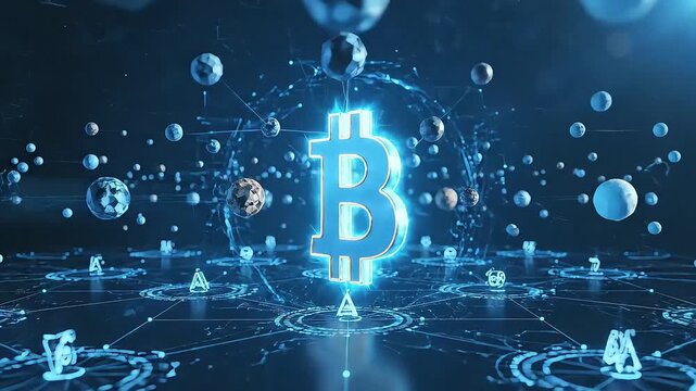 Digital Bitcoin Symbol Glowing Floating in Dark Futuristic Environment with Light Effects