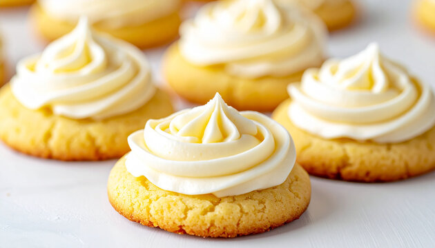 Lemon cookies with frosting on white table, tasty and freshly baked snack. Sweet food.