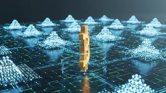 Golden Bitcoin Symbol Standing on Digital Grid in Futuristic Cryptocurrency Environment