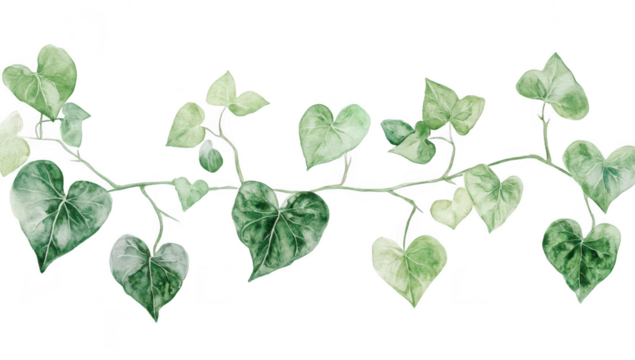 A delicate arrangement of green ivy leaves gracefully intertwining. various shades of green against a clean white background. ideal for nature-themed designs or botanical illustrations