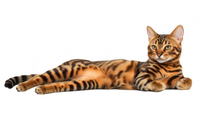 A majestic Bengal cat lounging gracefully on a clean white background. its striking coat patterns and bright green eyes. perfect for pet lovers and animal enthusiasts