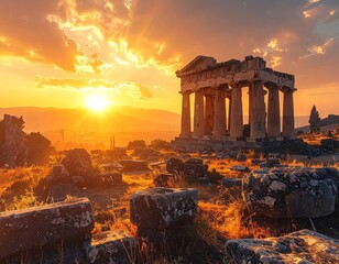 Fototapeta premium Golden Sunset Illuminates Ancient Ruins Overlooking Valley Landscape with Dramatic Sky and Rocky Terrain in Warm Light