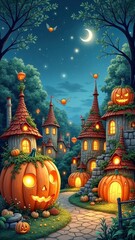 Enchanted halloween night with glowing jack-o'-lantern houses under crescent moon