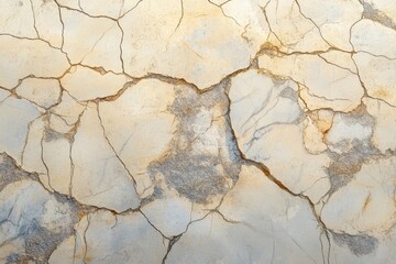 Fototapeta premium A detailed close-up view of a weathered, cracked surface with light beige and gray tones, showcasing the intricate patterns of the fissures and the texture of the aged material.
