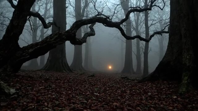 Mysterious Foggy Forest with Eerie Lantern Light at Twilight