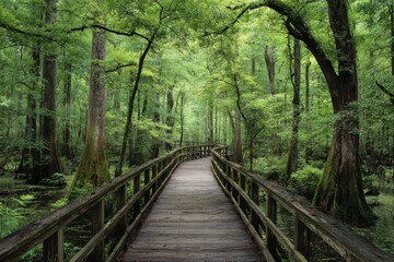 Scenic Path Through Congaree National Park Boardwalk Surrounded by Lush Green Trees in Spring and Summer