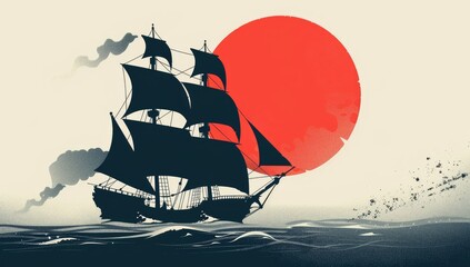 A stylized silhouette of a three-masted sailing ship navigates across dark waters, set against a large, stylized red sun and a smoky, misty atmosphere
