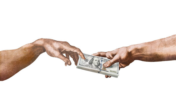 Adam's hand takes money from God as humorous financial concept of investments and donations.