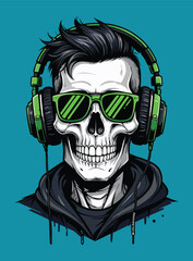 Trendy Urban Gamer Illustration – Cool Guy Skull in Headphones Digital Art.