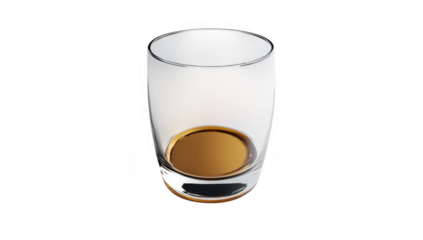 A crystal-clear glass tumbler partially filled with amber liquid sits on a smooth white surface. reflecting light. creating an elegant atmosphere suitable for beverage advertising or lifestyle imagery