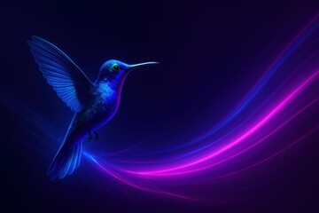 Hummingbird mid-flight on dark neon background with glowing blue and pink light streaks, futuristic and energetic composition with space for text, symbol of speed and precision for digital branding