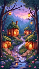 Enchanted forest with pumpkin houses and lanterns at twilight