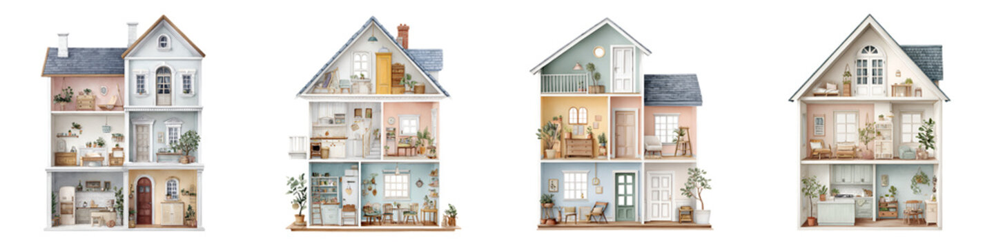 Dollhouse Cross Sections with Detailed Interior Design, Isolated on White
