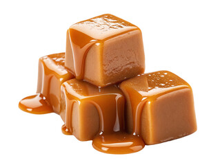 Delicious soft caramel cubes with rich glossy texture and sweet irresistible melted topping sauce