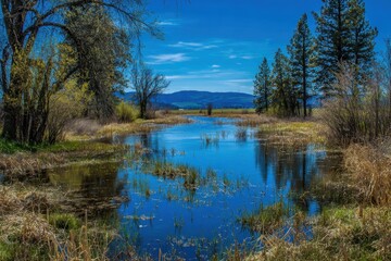 Tranquil Habitat: Scenic View of a Duck Pond with Marshlands and Migratory Birds near Klamath Falls, Oregon