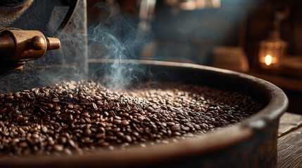 Close-up of freshly roasted coffee beans cooling in a professional roasting machine. Hot steam and smoke rising from the beans, showcasing coffee production process. 