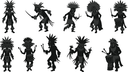 Tribal Ceremonial Figures in Silhouette – Traditional Dance, Masks, Headdresses, and Ritual Instruments Depicted in Dynamic Poses for Cultural and Ethnic Vector Art