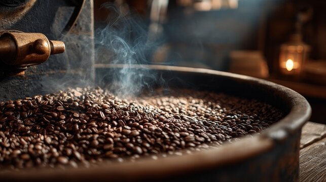 Close-up of freshly roasted coffee beans cooling in a professional roasting machine. Hot steam and smoke rising from the beans, showcasing coffee production process. 