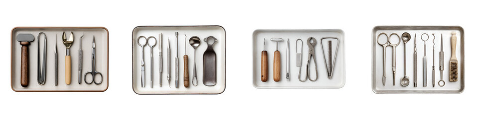 Vintage Surgical Instrument Set: Stainless Steel Tools in Metal Trays