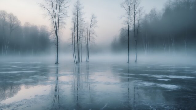 Misty landscape featuring bare trees emerging from a frozen lake, with reflections and fog creating an ethereal atmosphere.