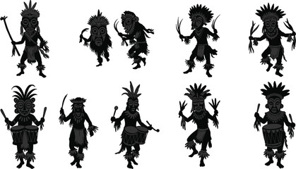 Tribal Dancers and Drummers Silhouette Vector – Traditional Cultural Costumes, Masks, Feathers, and Instruments Depicting Ethnic Dance and Music in Dynamic Poses