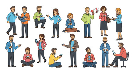 Fototapeta premium Diverse cartoon people communicating, interacting, and engaging with digital technology in various modern activities