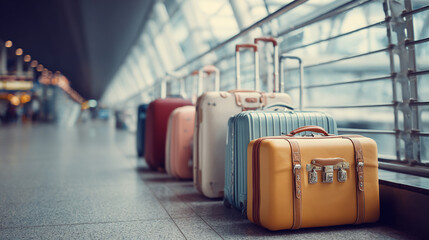 Colorful suitcases lined up at an airport terminal awaiting departure travel journey vacation