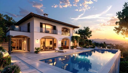Exterior of White Mediterranean Villa with Infinity Pool at Sunset