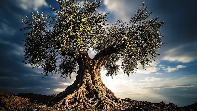 Ancient olive tree with gnarled roots under dramatic sky.