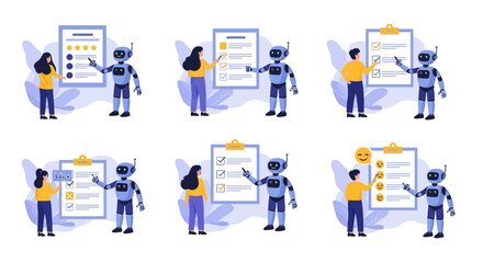 Fototapeta premium Various scenarios showcasing human-robot collaboration in digital task management, feedback collection, and survey completion