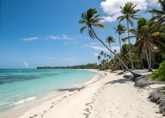 Obraz premium Idyllic tropical beach with white sand turquoise water and leaning palm trees under a bright blue sky