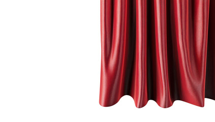 A flowing. rich red curtain gracefully drapes down. its textured fabric. set against a clean white background. ideal for theatrical or event promotions