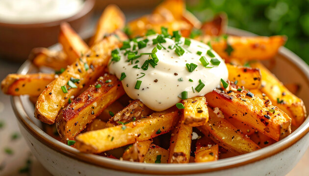 Oven-baked fries with garlic aioli in ceramic bowl. Tasty food. Delicious culinary dish. Cooking