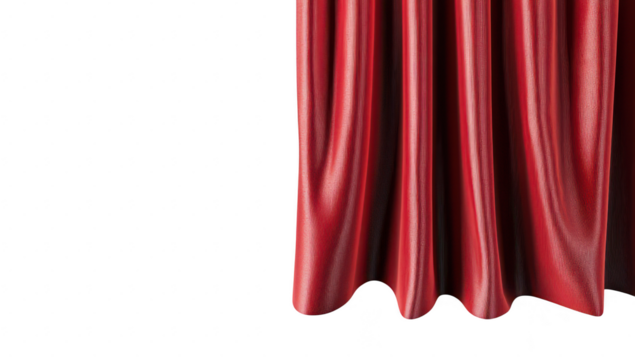 A flowing. rich red curtain gracefully drapes down. its textured fabric. set against a clean white background. ideal for theatrical or event promotions