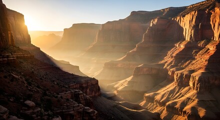 Canyon's Grandeur: A majestic vista of the canyon, sculpted by nature's hand, bathed in golden sunlight. Evoking a sense of wonder and awe.