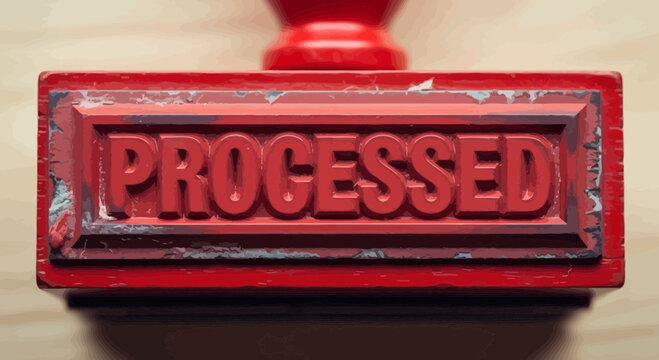 Close-up of a classic red rubber stamp displaying the word 'PROCESSED' in bold, uppercase letters, ideal for administrative or business concepts