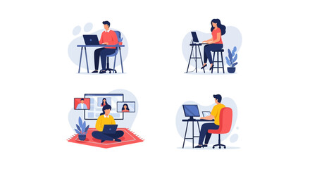 A set of four flat vector illustrations showing men and women working remotely from home