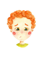 Sad ginger boy watercolor isolated illustration. Boy's face character design. Anxious emotion. Male kid person poster card. Cartoon curly hair child with freckles.