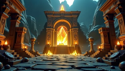 Epic adventure scene featuring ancient temple ruins mystical mountains digital art fantasy environment dramatic perspective