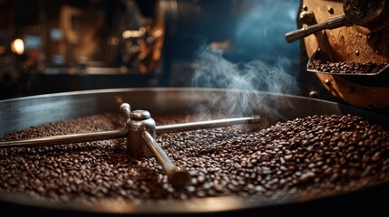 Close-up of freshly roasted coffee beans cooling in a professional roasting machine. Hot steam and smoke rising from the beans, showcasing coffee production process. 