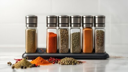Spice jars and seasonings on kitchen counter